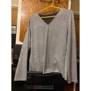 Silver Metallic Glitter V-Neck Long Sleeve Top Womens XL Sparkly Party Blouse